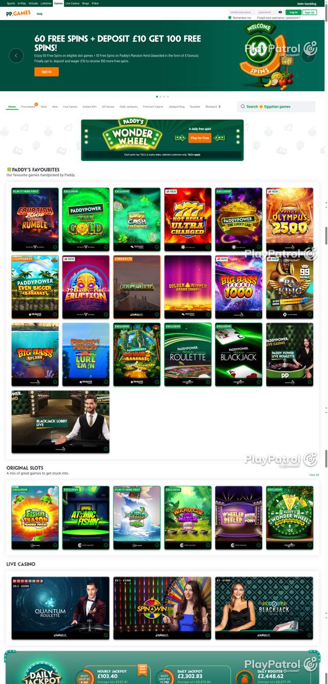 Capture of the front page of Paddy Power Games (games.paddypower.com) on 7 October 2026