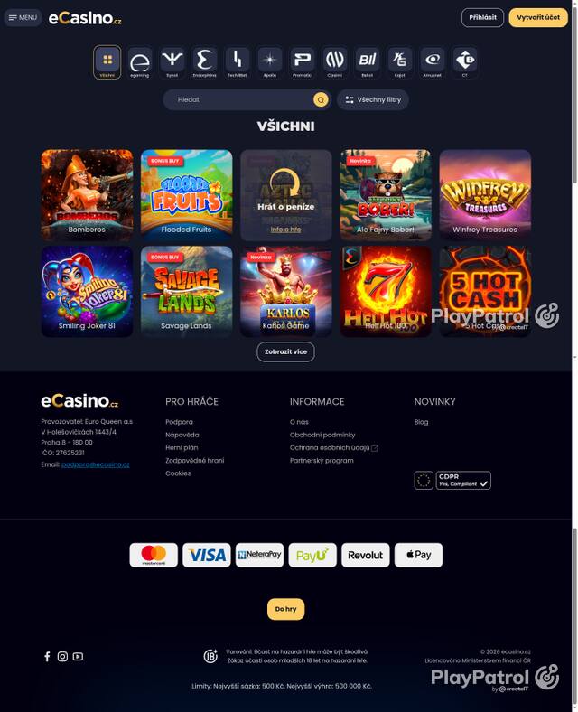Capture of the front page of eCasino (ecasino.cz) on 22 October 2026