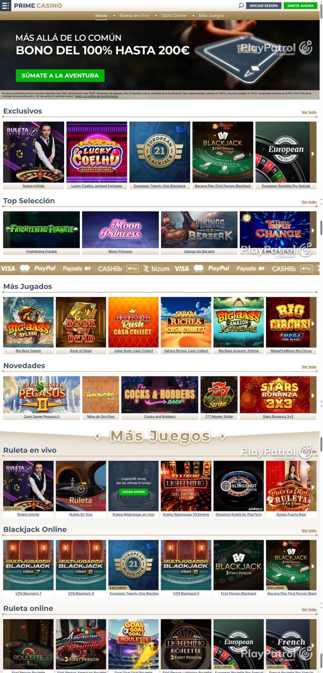 Capture of the front page of Prime Casino (primecasino.es) on 23 October 2026