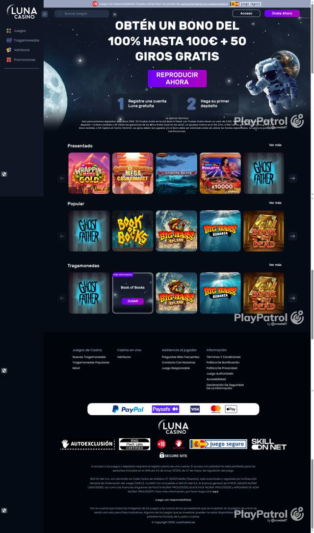 Capture of the front page of Luna Casino (lunacasino.es) on 13 October 2026