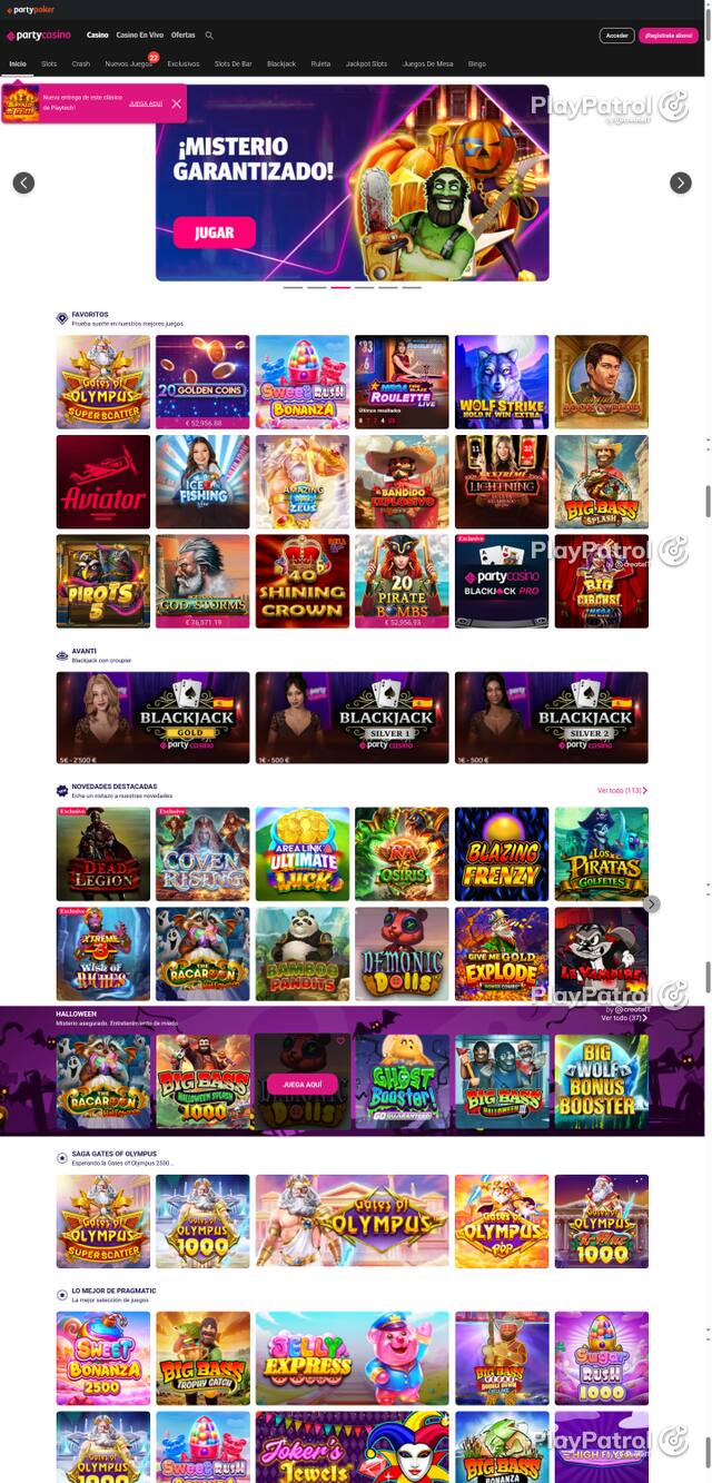 Capture of the front page of PartyCasino (partycasino.es) on 15 October 2026