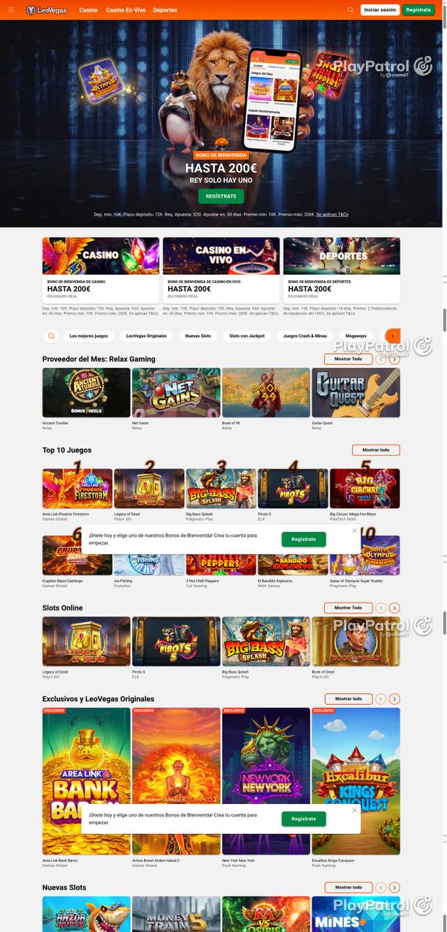 Capture of the front page of LeoVegas (leovegas.es) on 6 October 2026