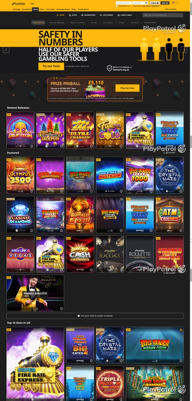 Capture of the front page of Betfair Casino (casino.betfair.com) on 6 October 2026