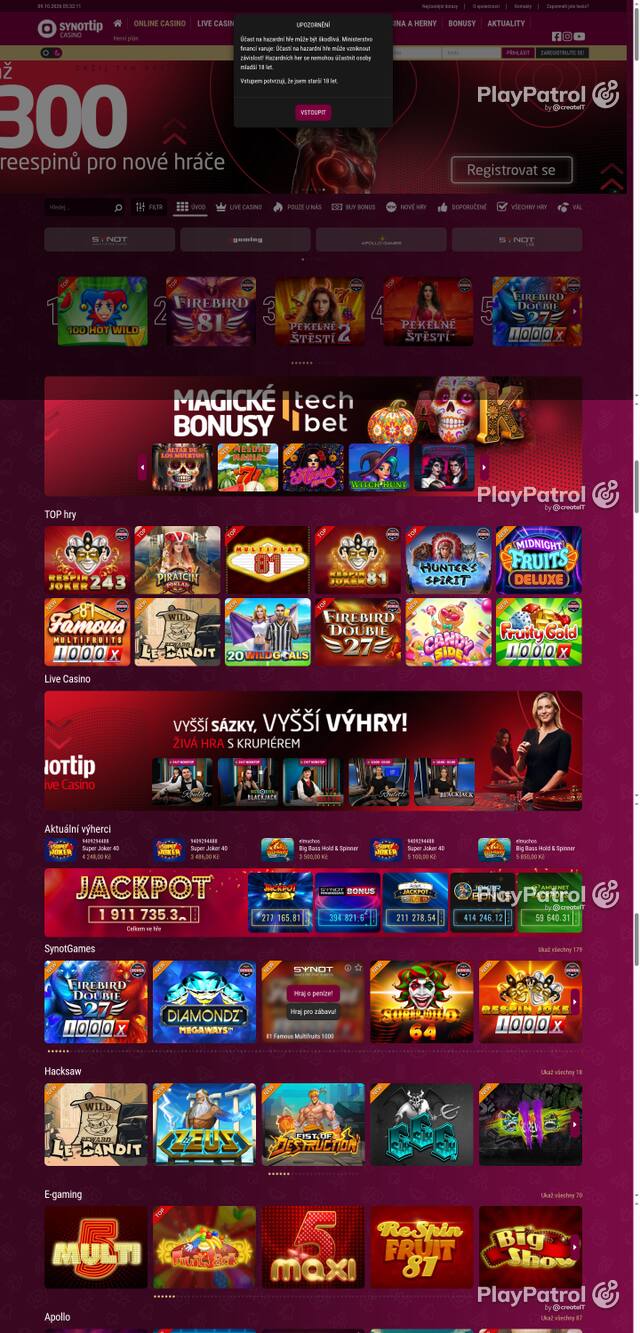 Capture of the front page of Synot Tip (casino.synottip.cz) on 9 October 2026