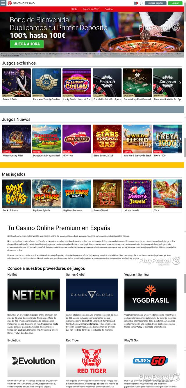 Capture of the front page of Genting Casino (gentingcasino.es) on 27 October 2026