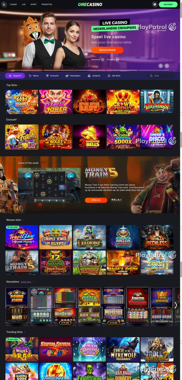 Capture of the front page of One Casino (nl.onecasino.com) on 9 October 2026