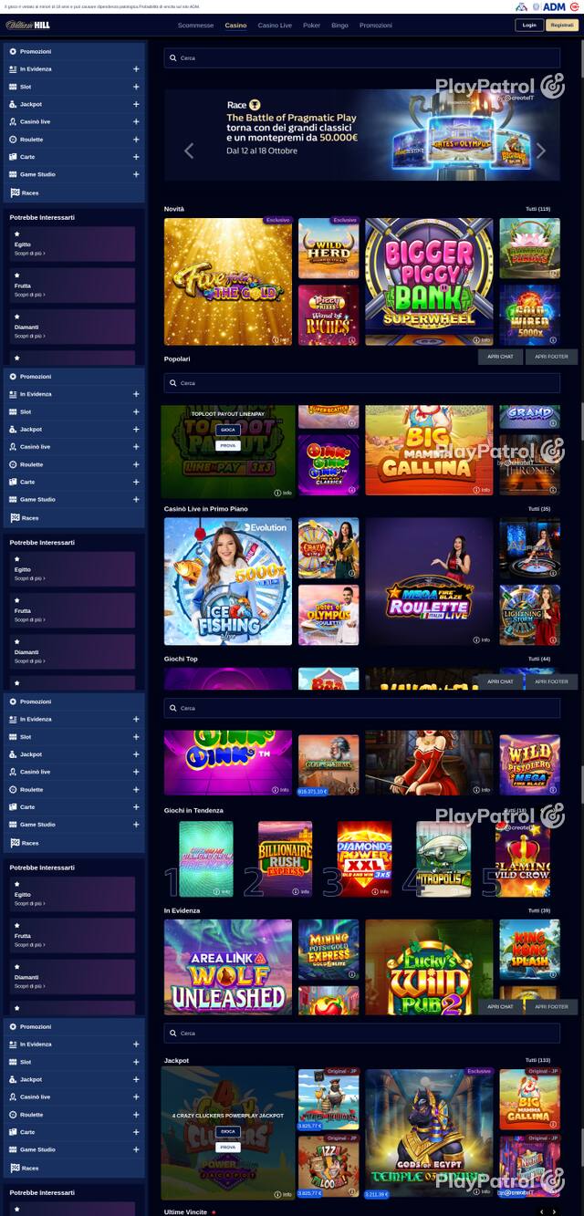 Capture of the front page of William Hill (casino.williamhill.it) on 18 October 2026