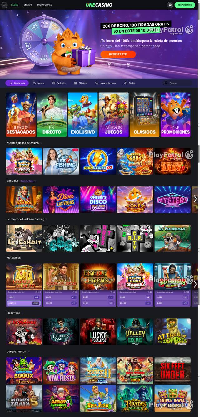 Capture of the front page of One Casino (onecasino.es) on 25 October 2026