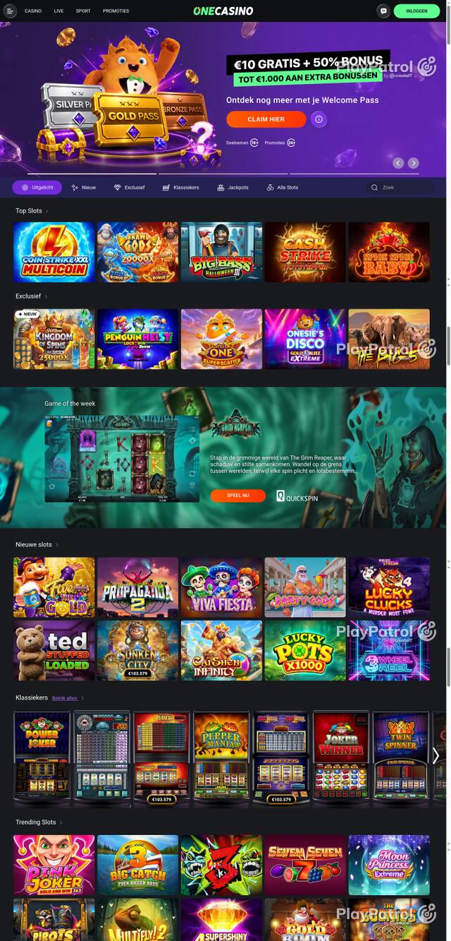 Capture of the front page of One Casino (nl.onecasino.com) on 28 October 2026