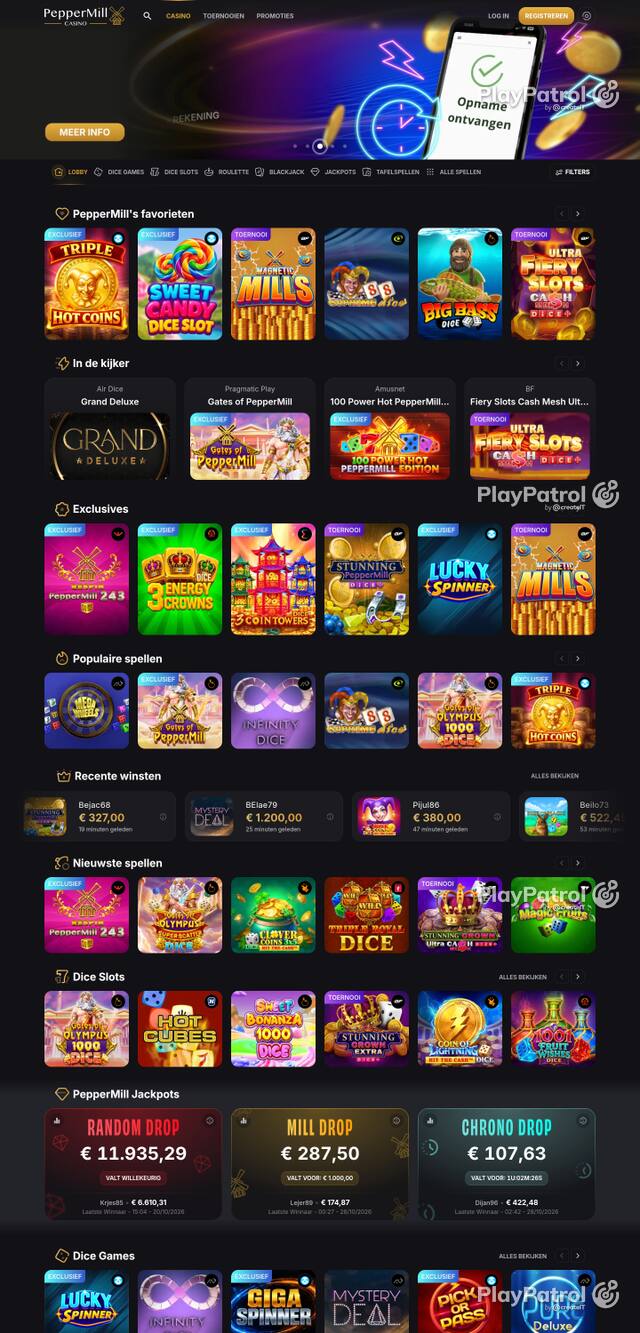 Capture of the front page of peppermillcasino.be (peppermillcasino.be) on 28 October 2026