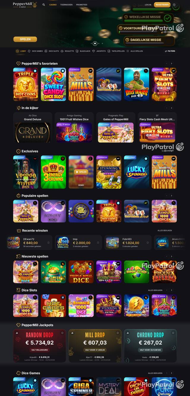 Capture of the front page of peppermillcasino.be (peppermillcasino.be) on 24 October 2026
