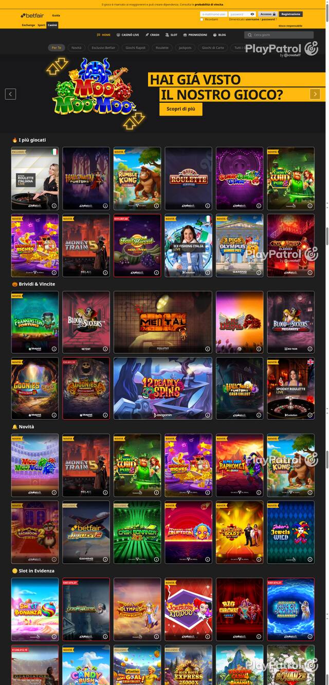 Capture of the front page of Betfair (casino.betfair.it) on 24 October 2026