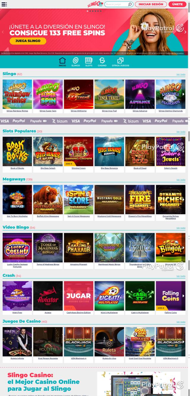 Capture of the front page of Slingo Casino (slingocasino.es) on 24 October 2026