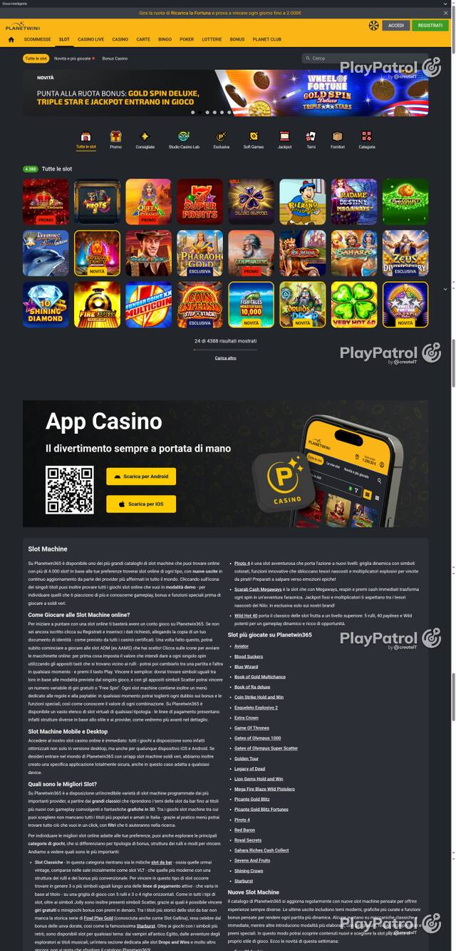 Capture of the front page of Planetwin365 (planetwin365.it) on 9 October 2026