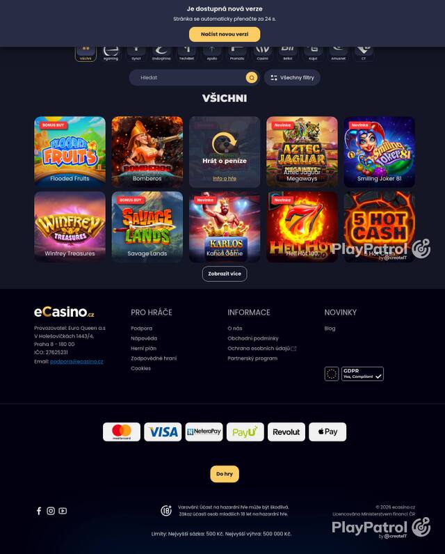 Homepage capture of eCasino recorded during the scan