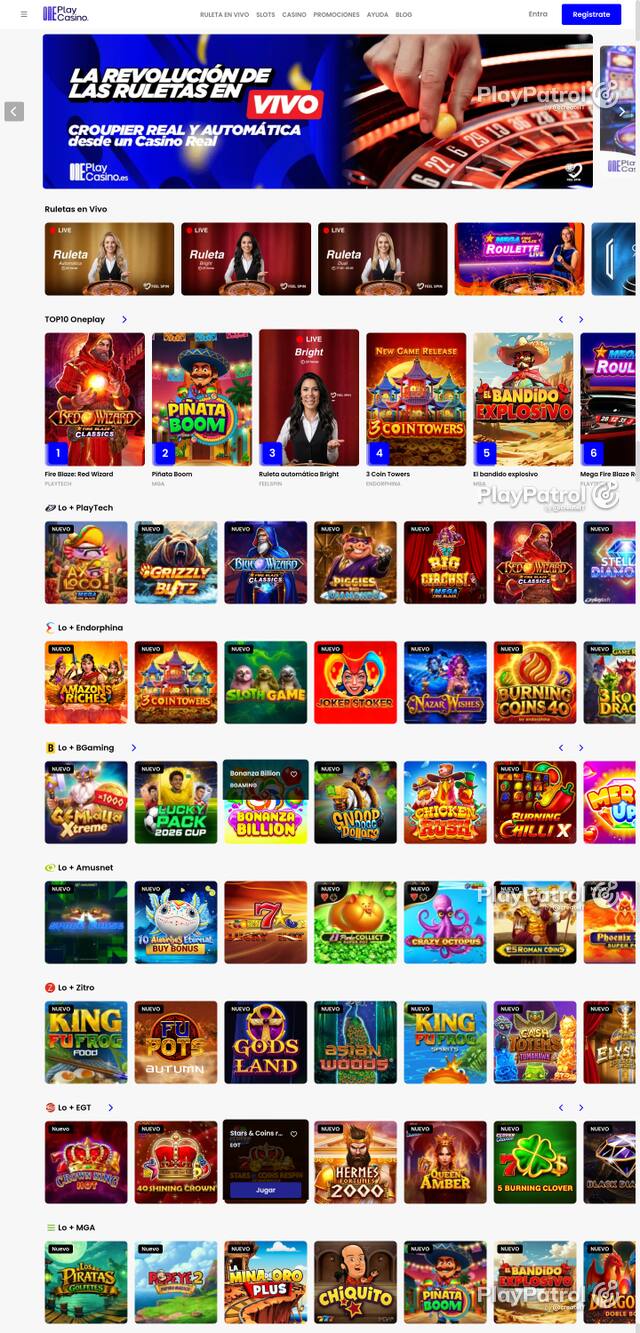 Capture of the front page of OnePlay Casino (oneplaycasino.es) on 17 October 2026