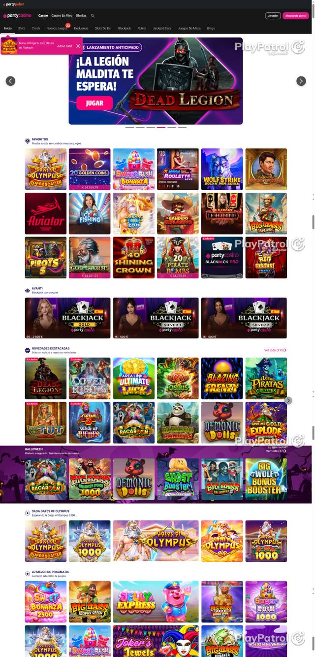 Capture of the front page of PartyCasino (partycasino.es) on 17 October 2026
