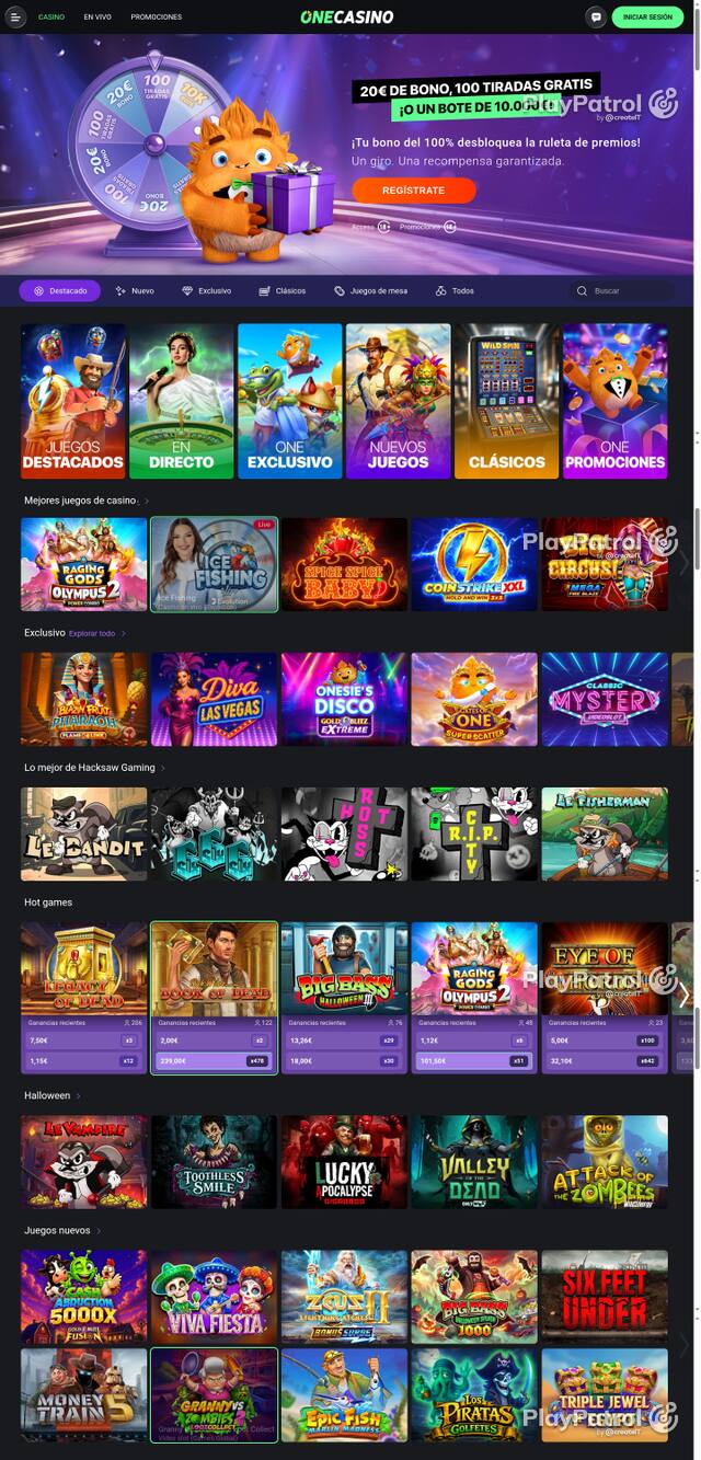Capture of the front page of One Casino (onecasino.es) on 23 October 2026