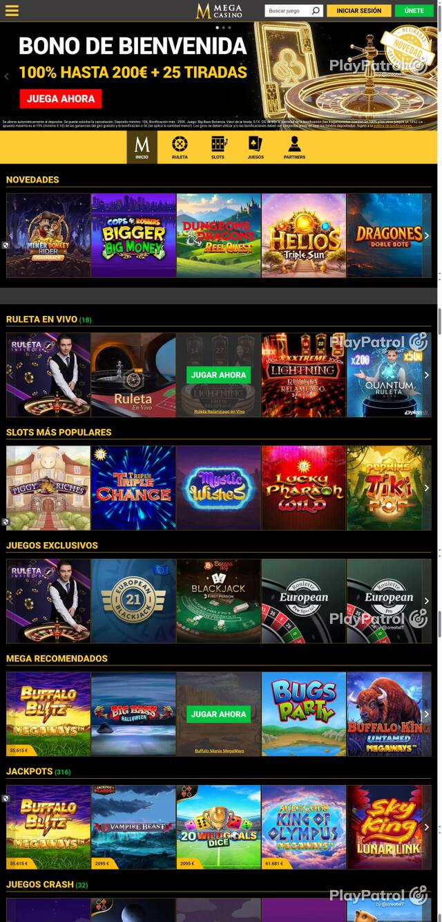 Capture of the front page of Mega Casinos (megacasinos.es) on 16 October 2026