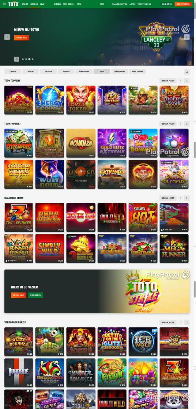 Capture of the front page of TOTO Casino (casino.toto.nl) on 23 October 2026