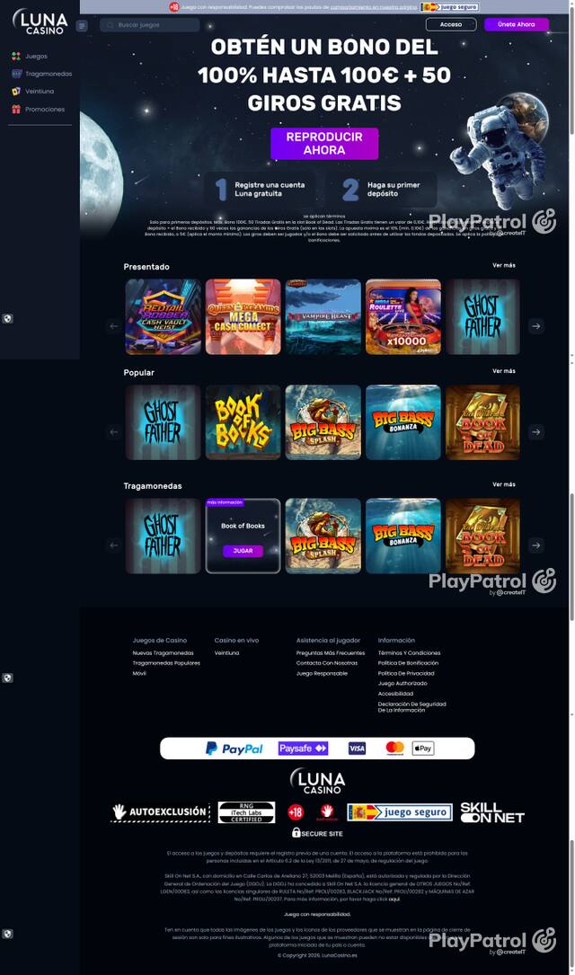Capture of the front page of Luna Casino (lunacasino.es) on 7 October 2026