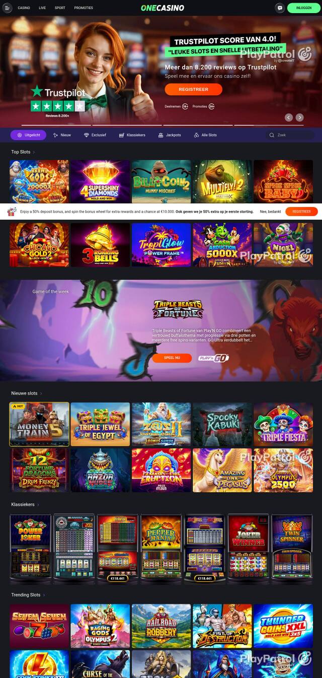 Capture of the front page of One Casino (nl.onecasino.com) on 4 October 2026