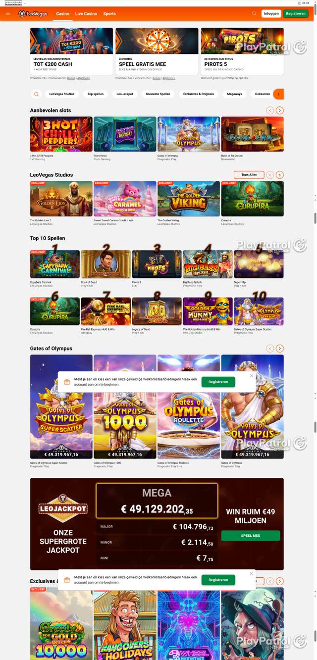 Capture of the front page of LeoVegas Casino Nederland (leovegas.nl) on 16 October 2026