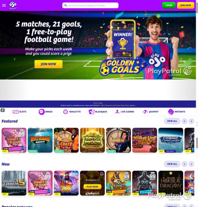 Capture of the front page of PlayOJO (playojo.com) on 5 October 2026
