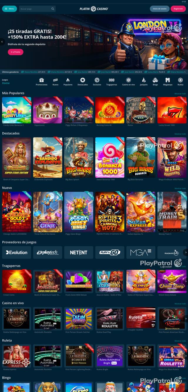 Capture of the front page of Platin Casino (platincasino.es) on 15 October 2026