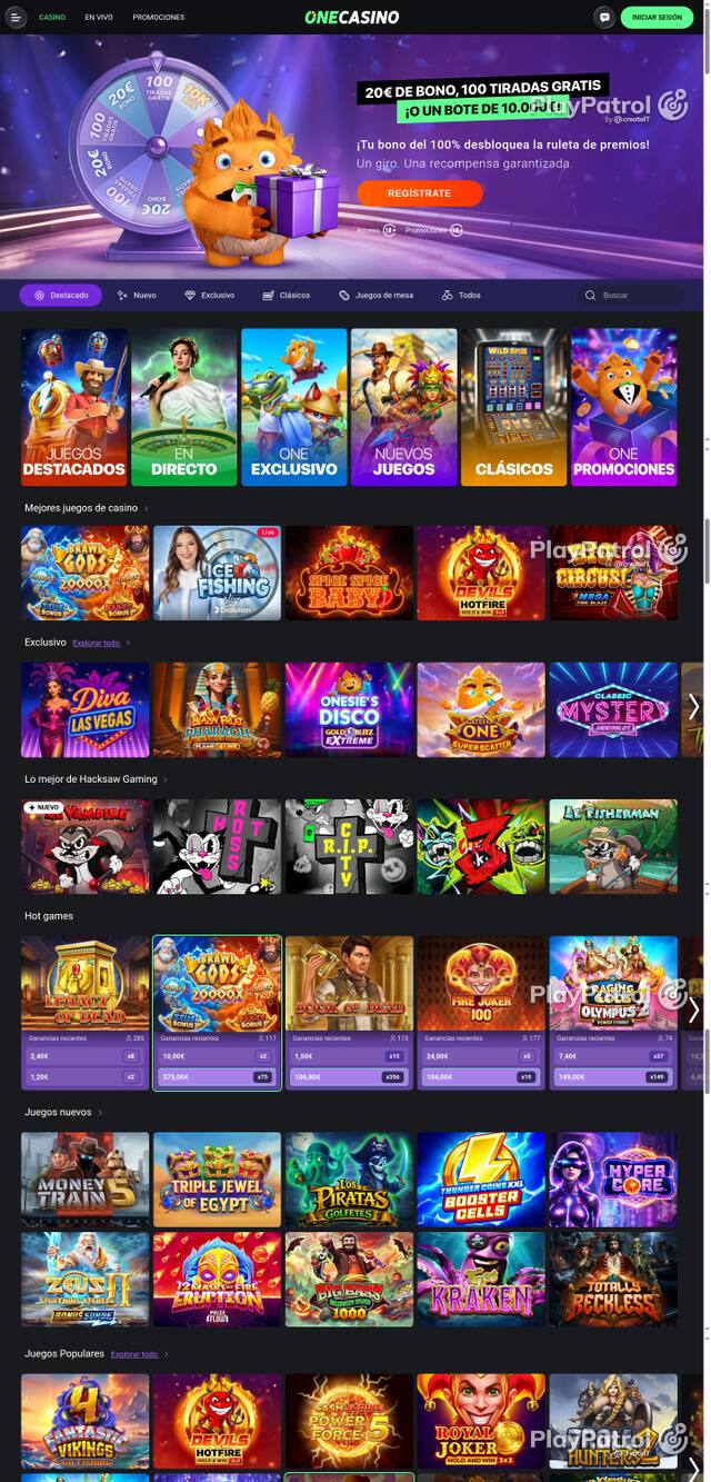 Capture of the front page of One Casino (onecasino.es) on 14 October 2026