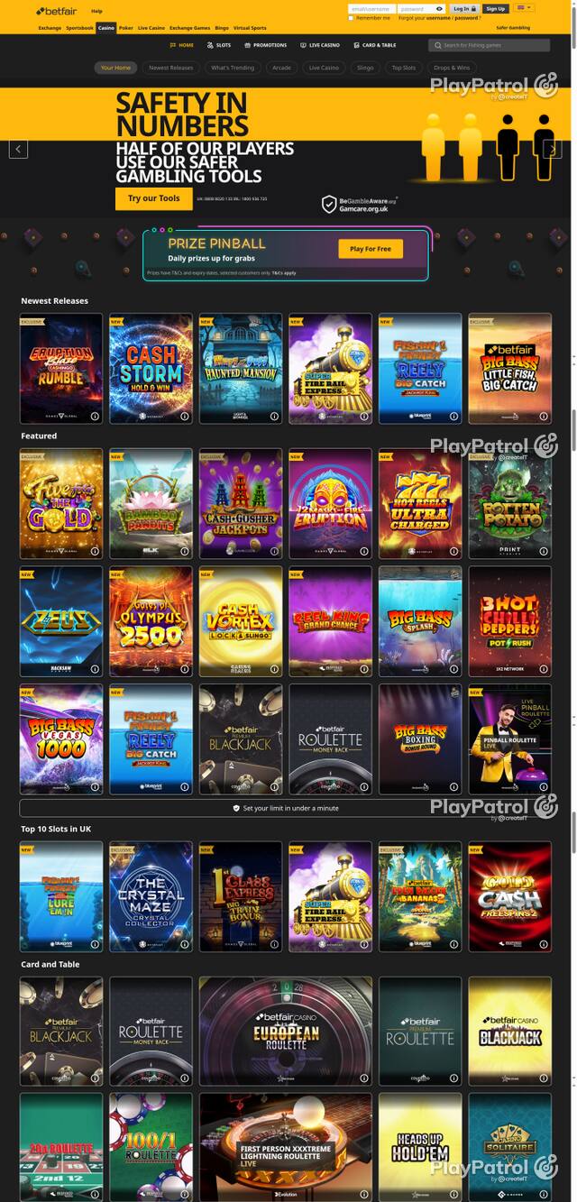 Capture of the front page of Betfair Casino (casino.betfair.com) on 12 October 2026