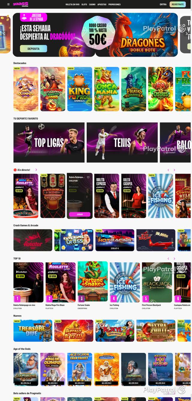 Capture of the front page of Yaass Casino (yaasscasino.es) on 16 October 2026
