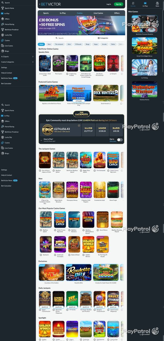 Front page of BetVictor Casino as captured on 29 October 2026