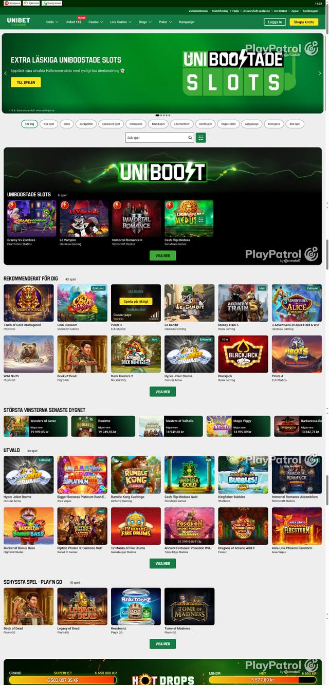Front page of unibet.se as captured on 25 October 2026