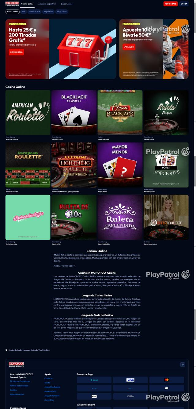 Capture of the front page of Monopoly Casino (monopolycasino.es) on 27 October 2026