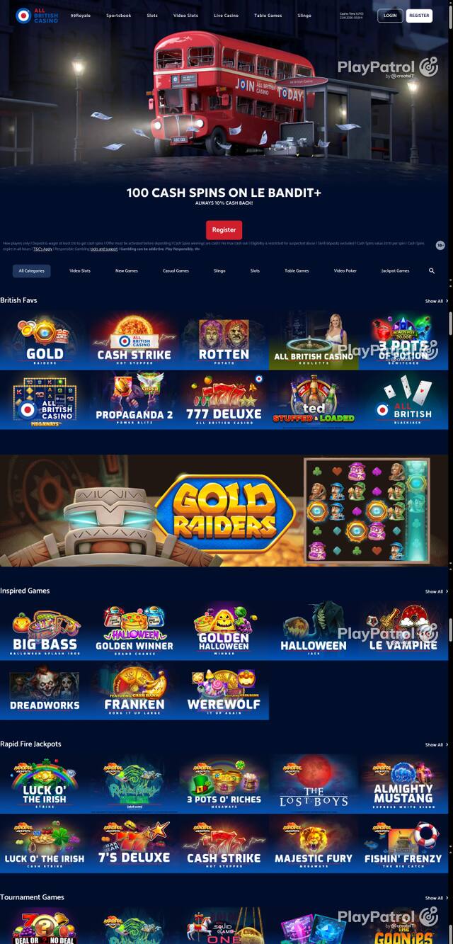 Capture of the front page of All British Casino (allbritishcasino.com) on 23 October 2026