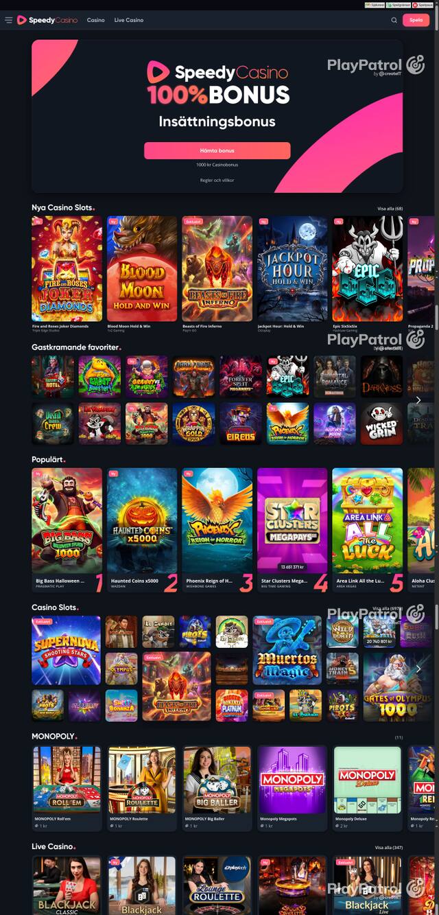 Capture of the front page of speedycasino.com (speedycasino.com) on 24 October 2026
