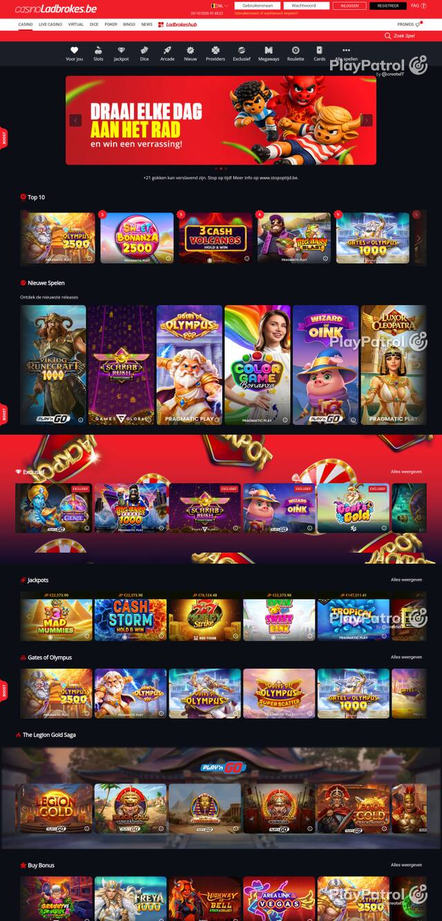 Capture of the front page of casinoladbrokes.be (casinoladbrokes.be) on 22 October 2026