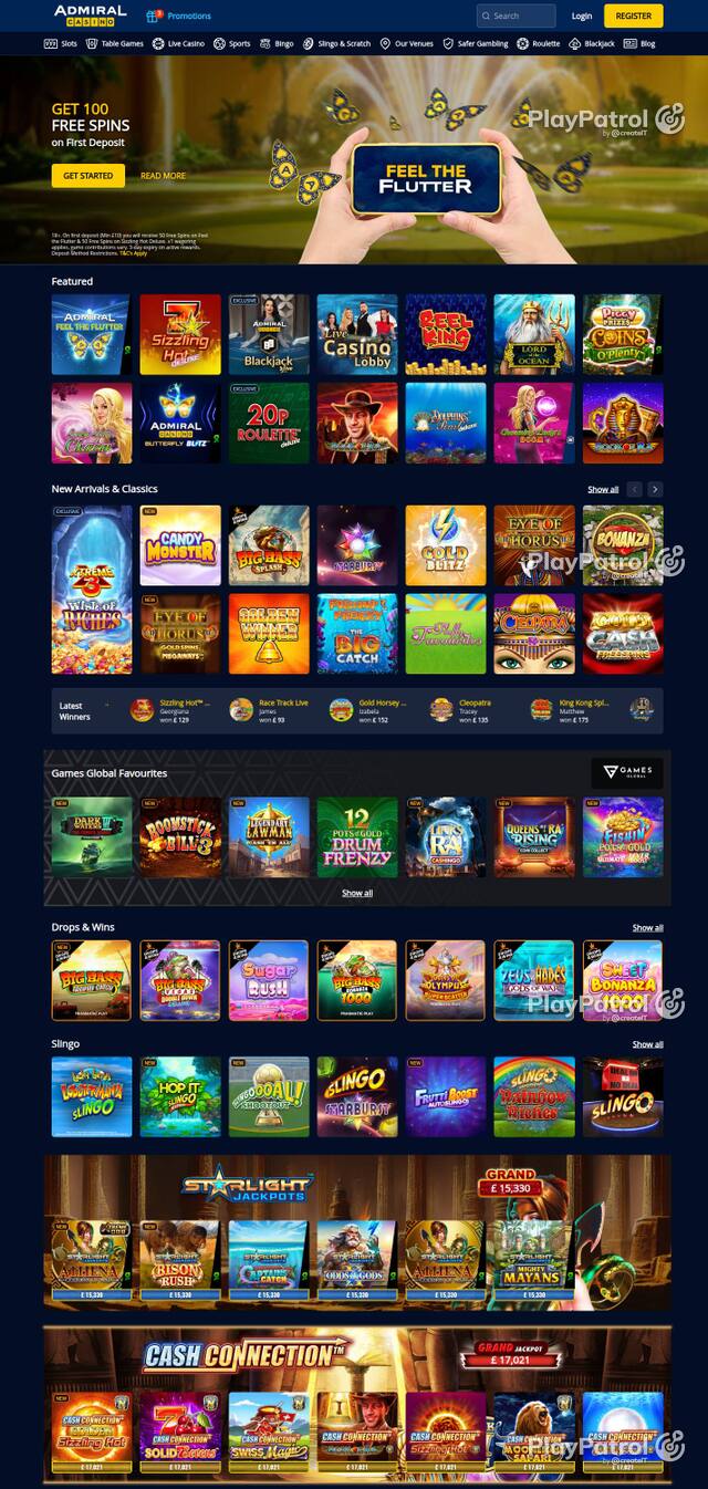 Homepage capture of Admiral Casino recorded during the scan