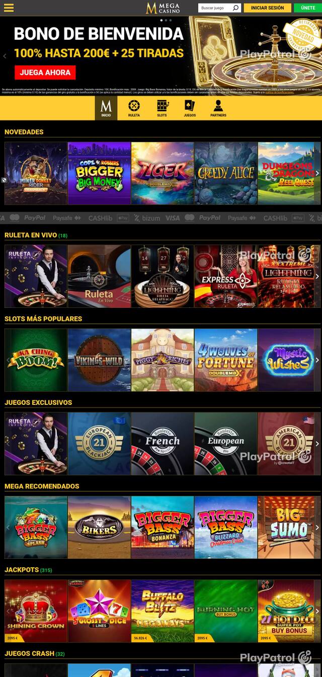 Homepage capture of Mega Casinos recorded during the scan