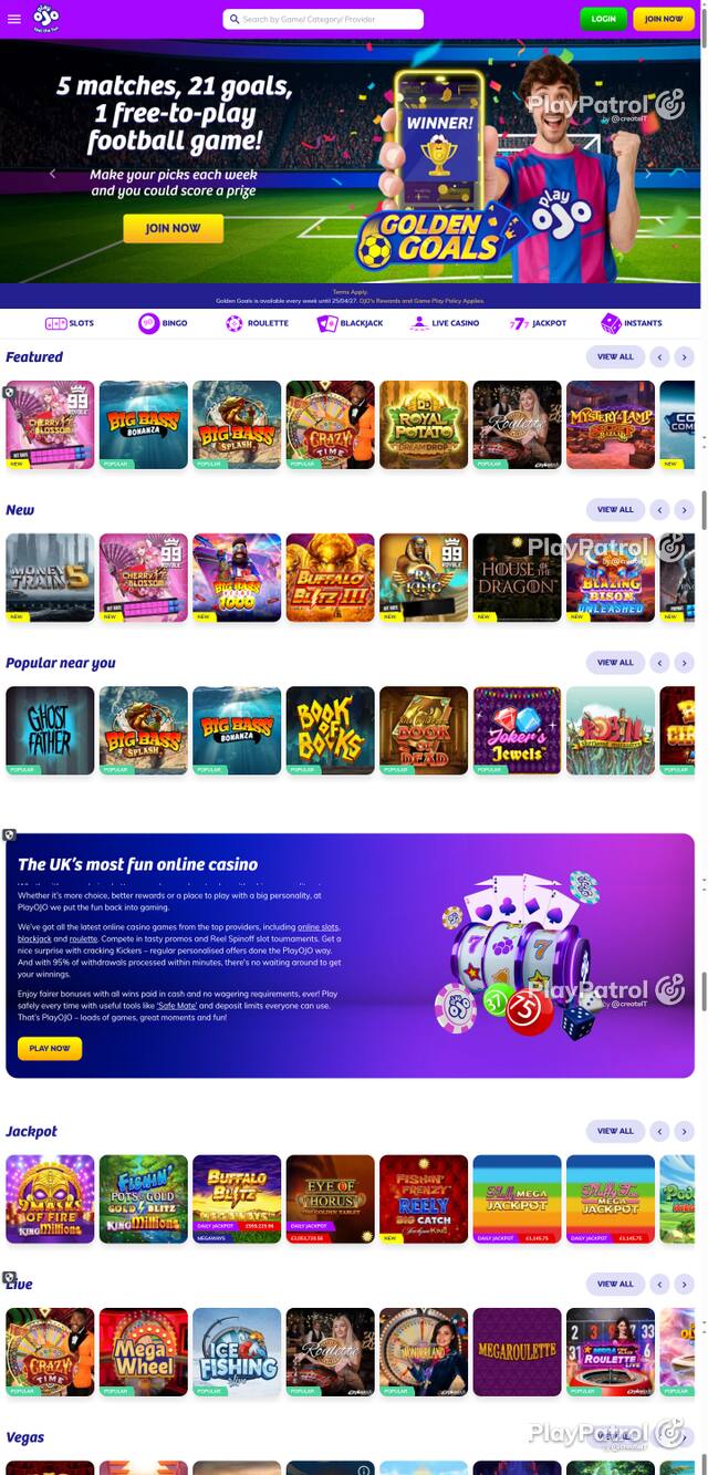 Capture of the front page of PlayOJO (playojo.com) on 6 October 2026