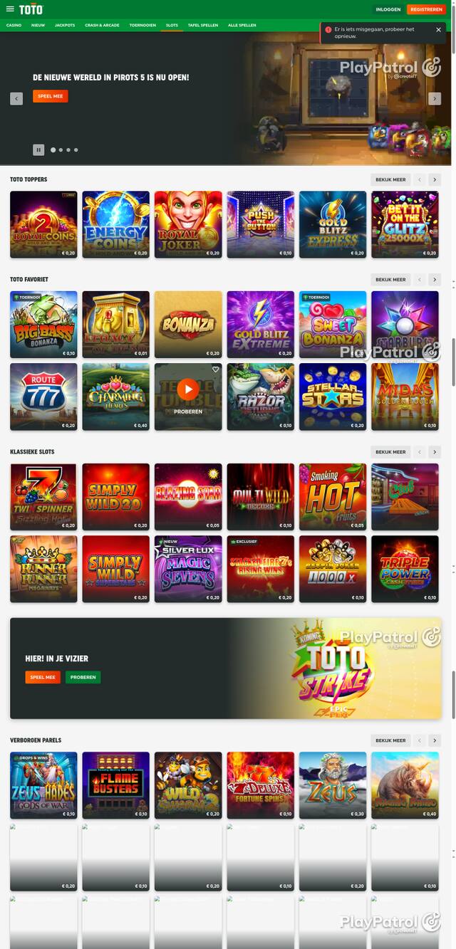 Capture of the front page of TOTO Casino (casino.toto.nl) on 12 October 2026