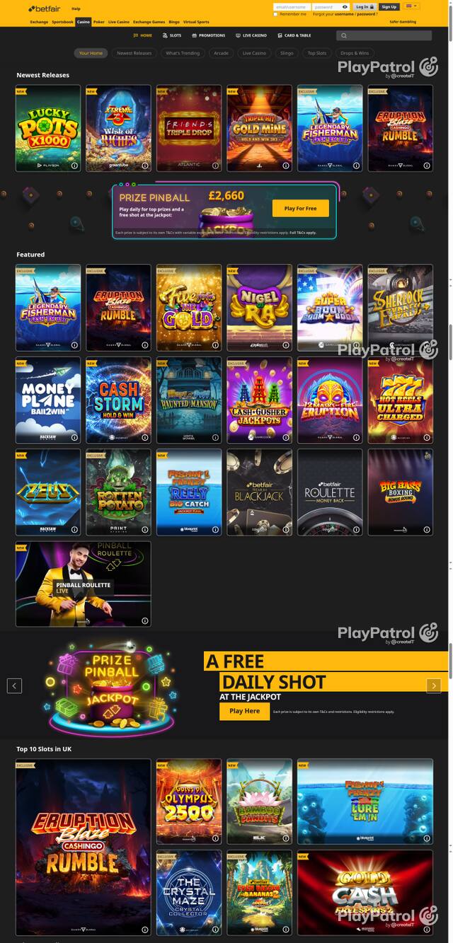 Capture of the front page of Betfair Casino (casino.betfair.com) on 20 October 2026
