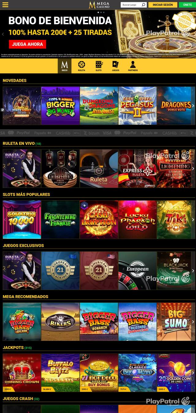 Homepage capture of Mega Casinos recorded during the scan