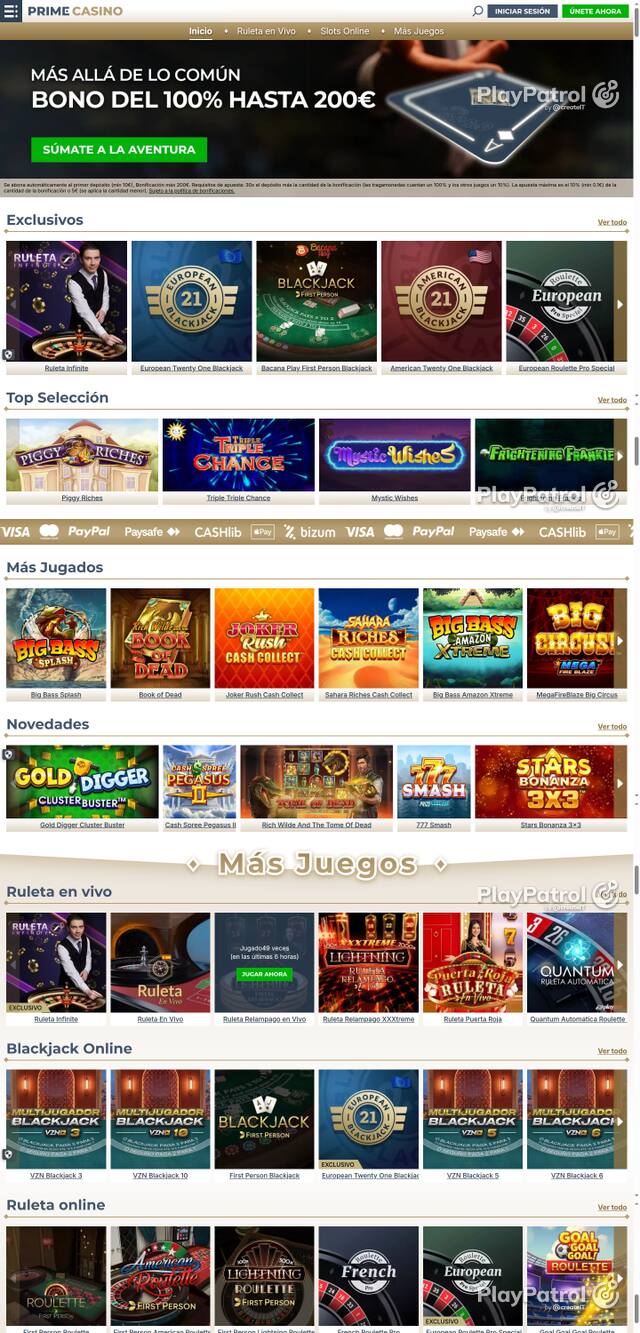 Capture of the front page of Prime Casino (primecasino.es) on 15 October 2026