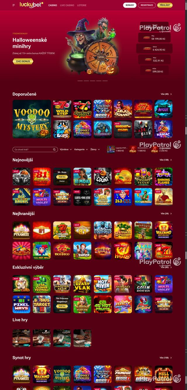 Capture of the front page of LuckyBet (luckybet.cz) on 23 October 2026