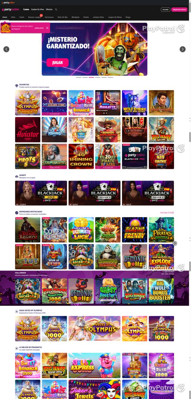 Capture of the front page of PartyCasino (partycasino.es) on 20 October 2026