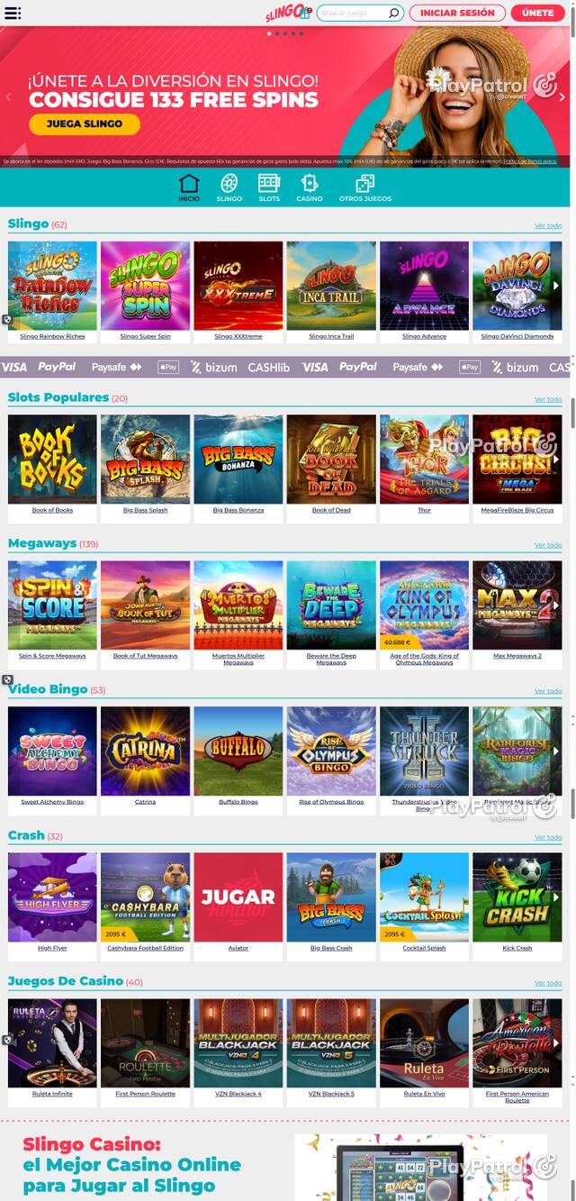 Capture of the front page of Slingo Casino (slingocasino.es) on 15 October 2026
