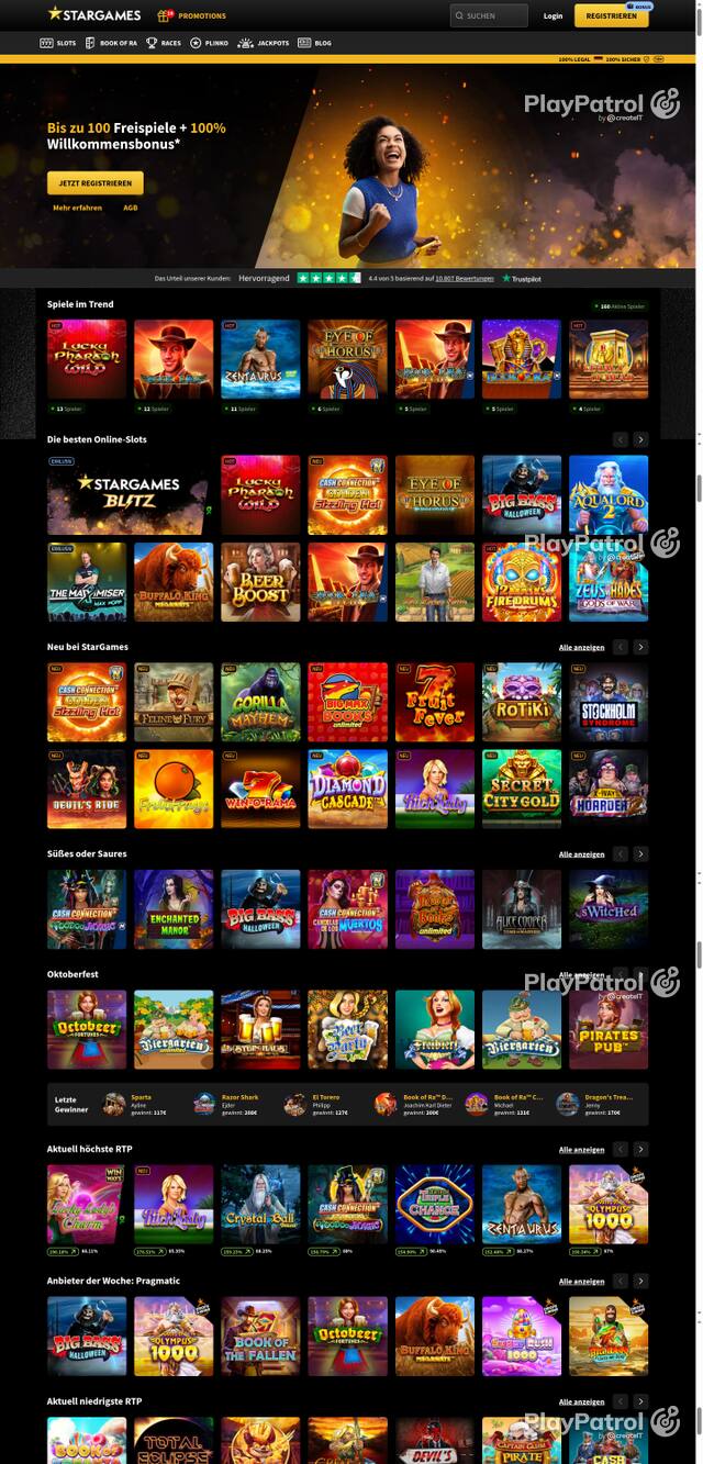 Capture of the front page of StarGames (stargames.de) on 9 October 2026