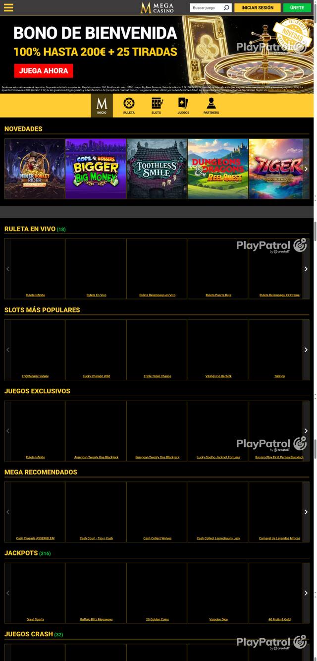 Capture of the front page of Mega Casinos (megacasinos.es) on 21 October 2026